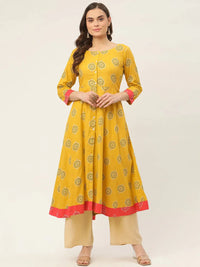 Thumbnail for Women Yellow And Red Cotton Blend Flared Printed Kurta - Rasiya