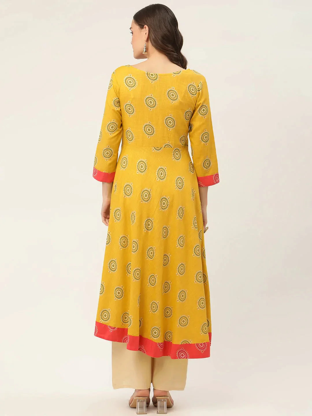 Women Yellow And Red Cotton Blend Flared Printed Kurta - Rasiya