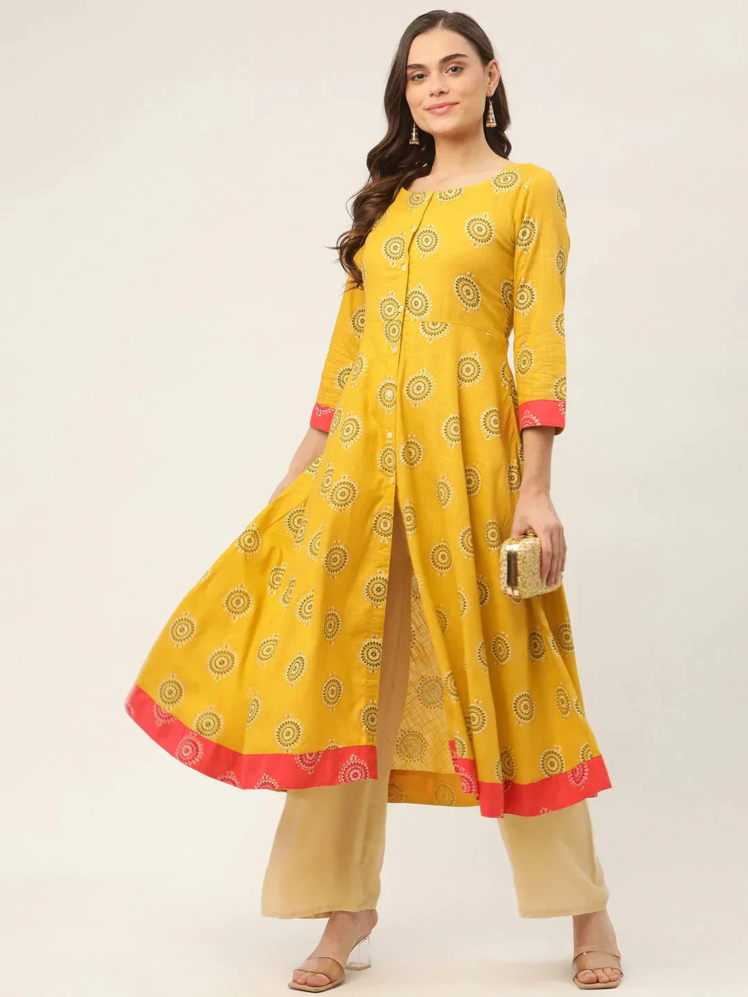 Women Yellow And Red Cotton Blend Flared Printed Kurta - Rasiya