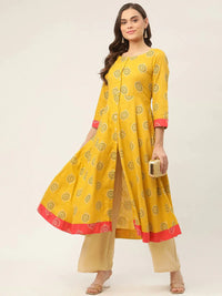 Thumbnail for Women Yellow And Red Cotton Blend Flared Printed Kurta - Rasiya