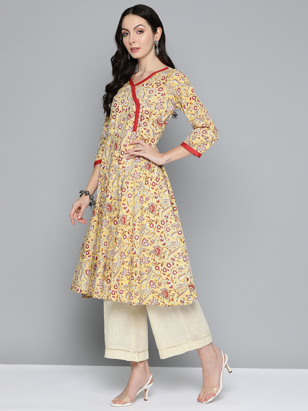 Jompers Women's Yellow Floral Printed Anarkali Kurta - Distacart