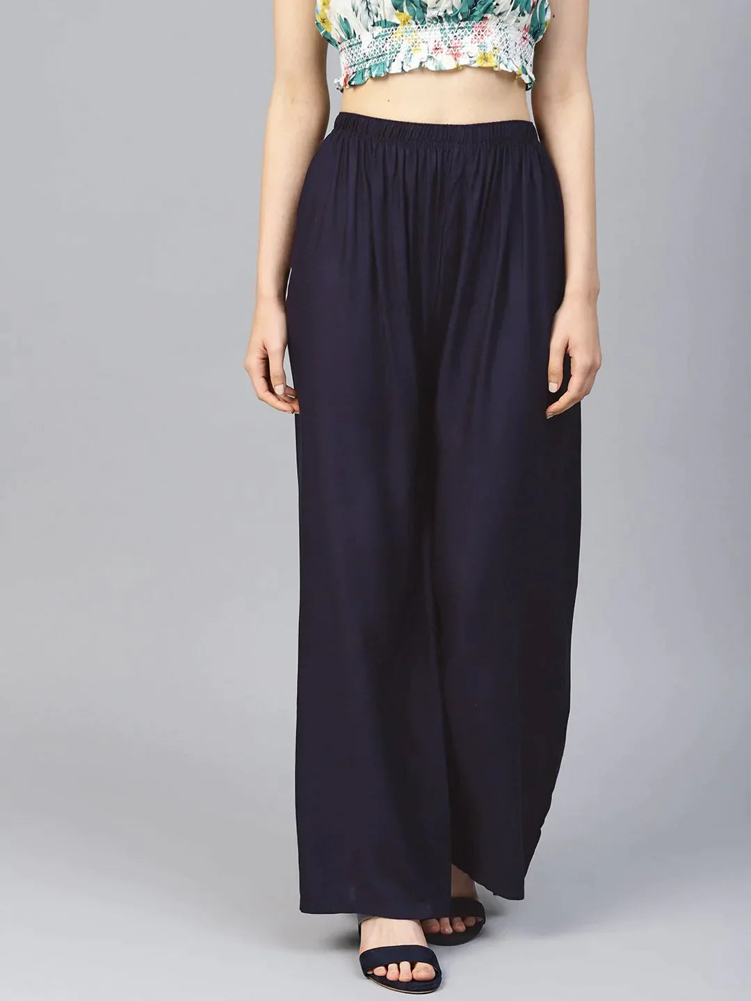 Women Navy-Blue Solid Straight Palazzos - Rasiya