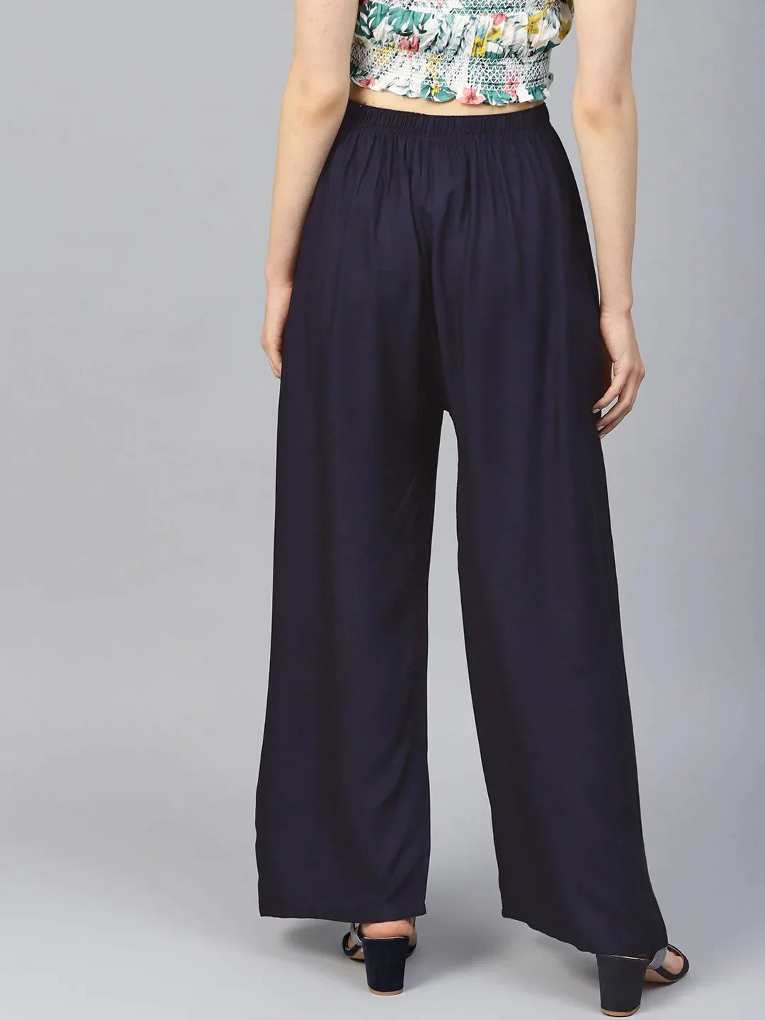 Women Navy-Blue Solid Straight Palazzos - Rasiya