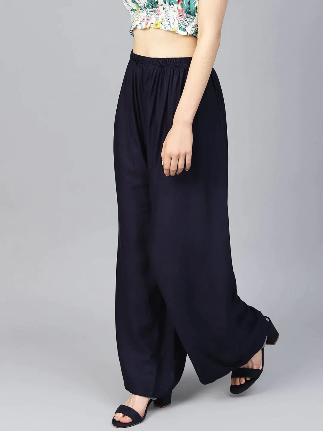 Women Navy-Blue Solid Straight Palazzos - Rasiya