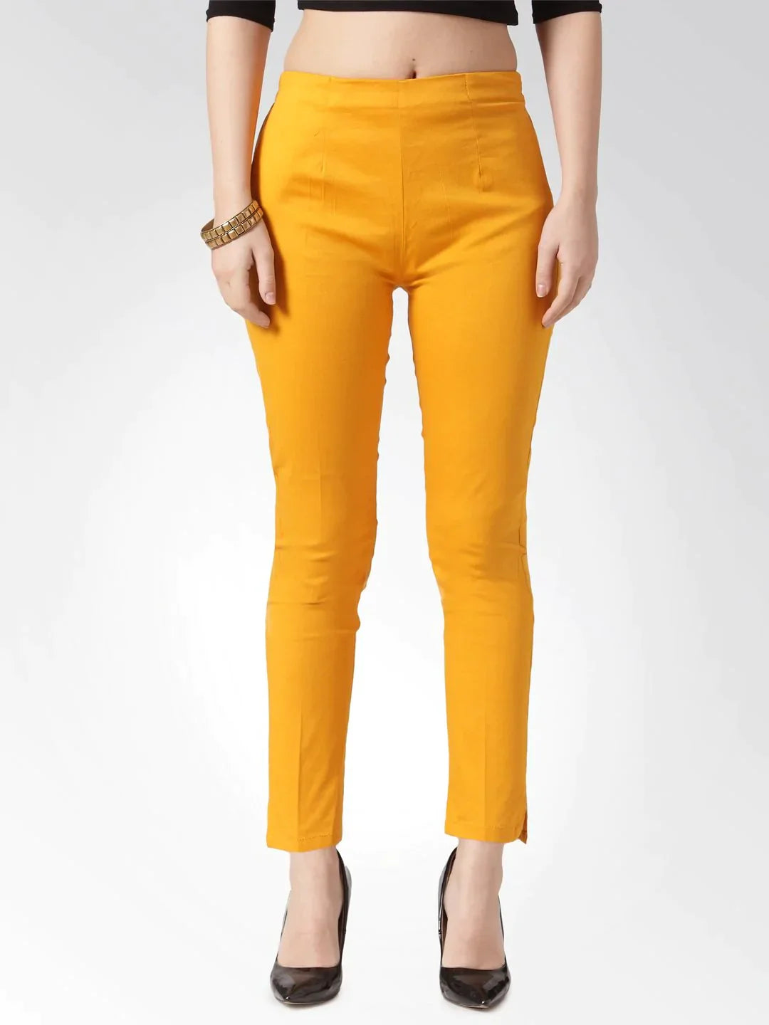 Women Mustard Smart Slim Fit Solid Regular Trousers - Rasiya