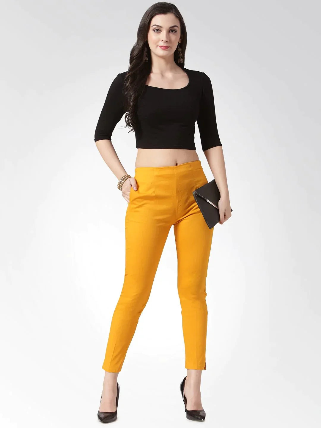 Women Mustard Smart Slim Fit Solid Regular Trousers - Rasiya