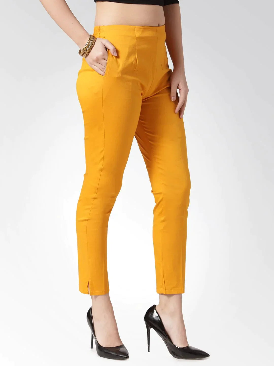 Women Mustard Smart Slim Fit Solid Regular Trousers - Rasiya