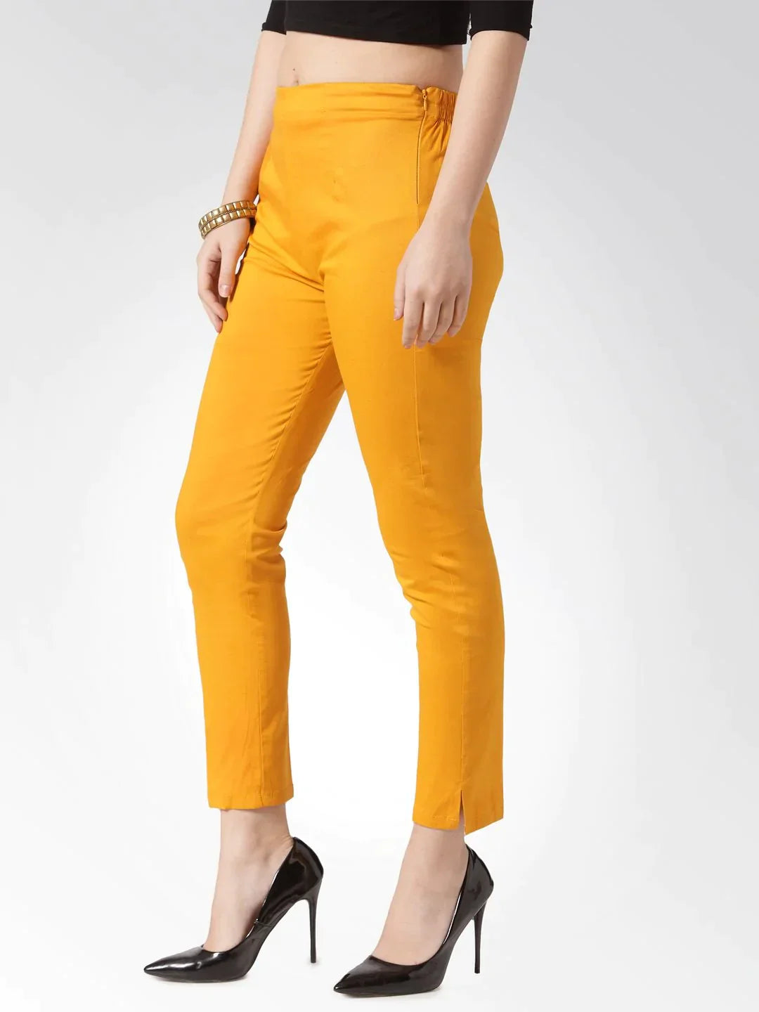 Women Mustard Smart Slim Fit Solid Regular Trousers - Rasiya