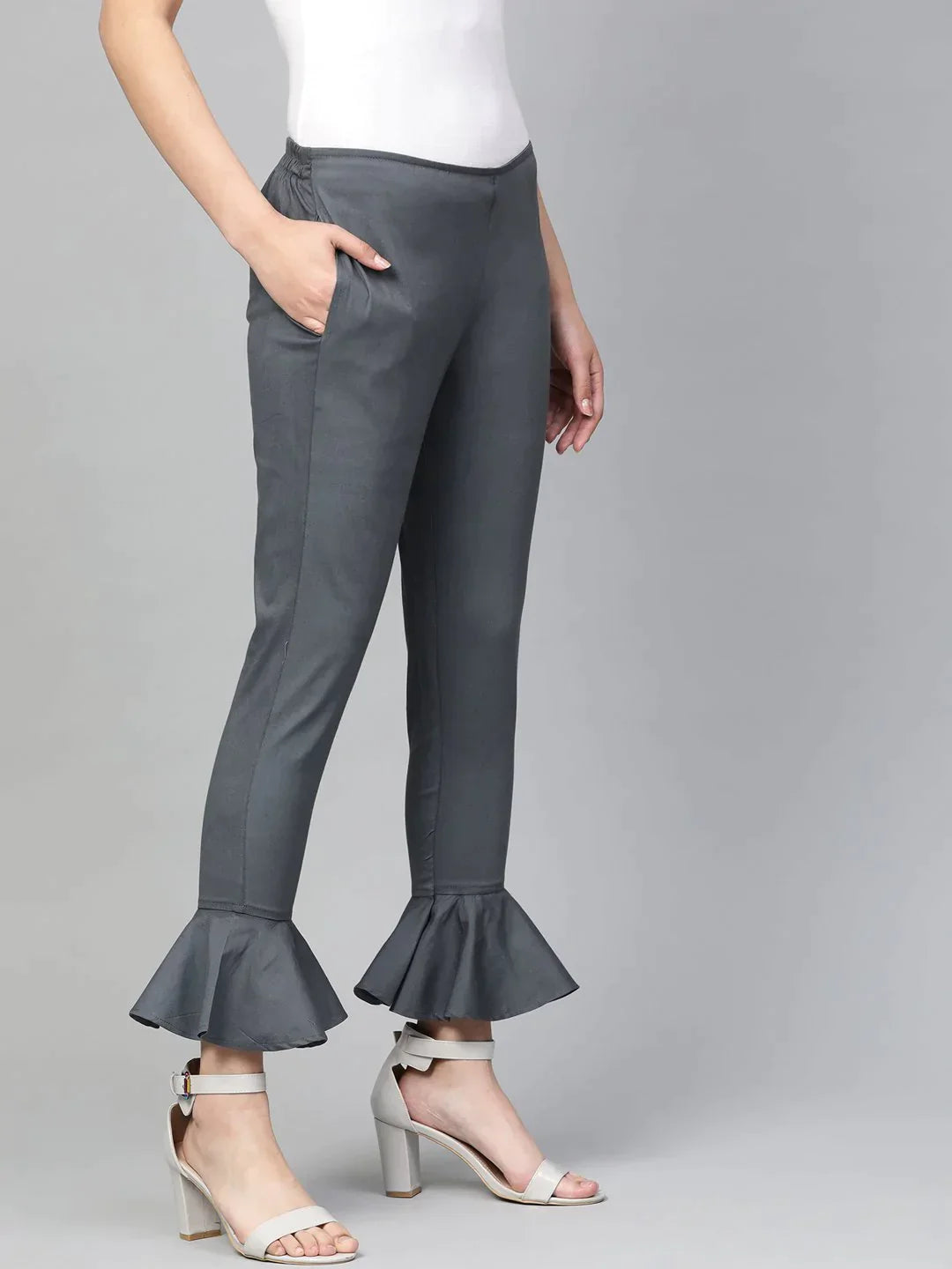 Women Grey Smart Fit Solid Bottom Flared Trousers - Rasiya