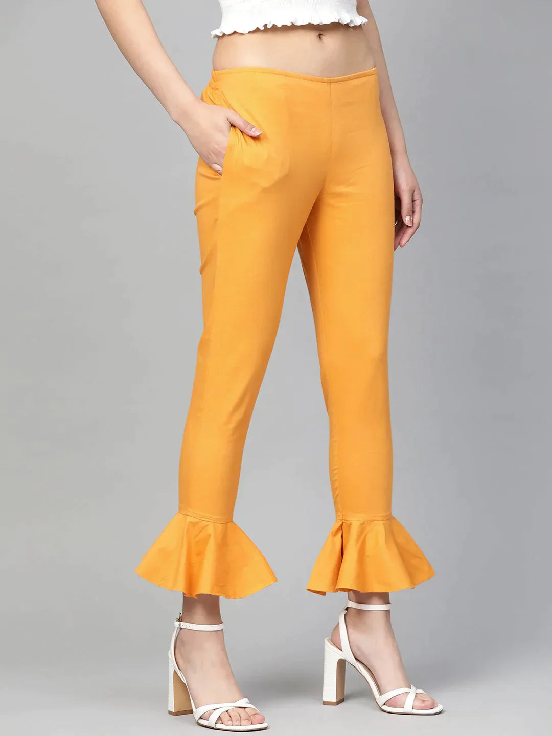 Women Mustard Smart Fit Solid Bottom Flared Trousers - Rasiya