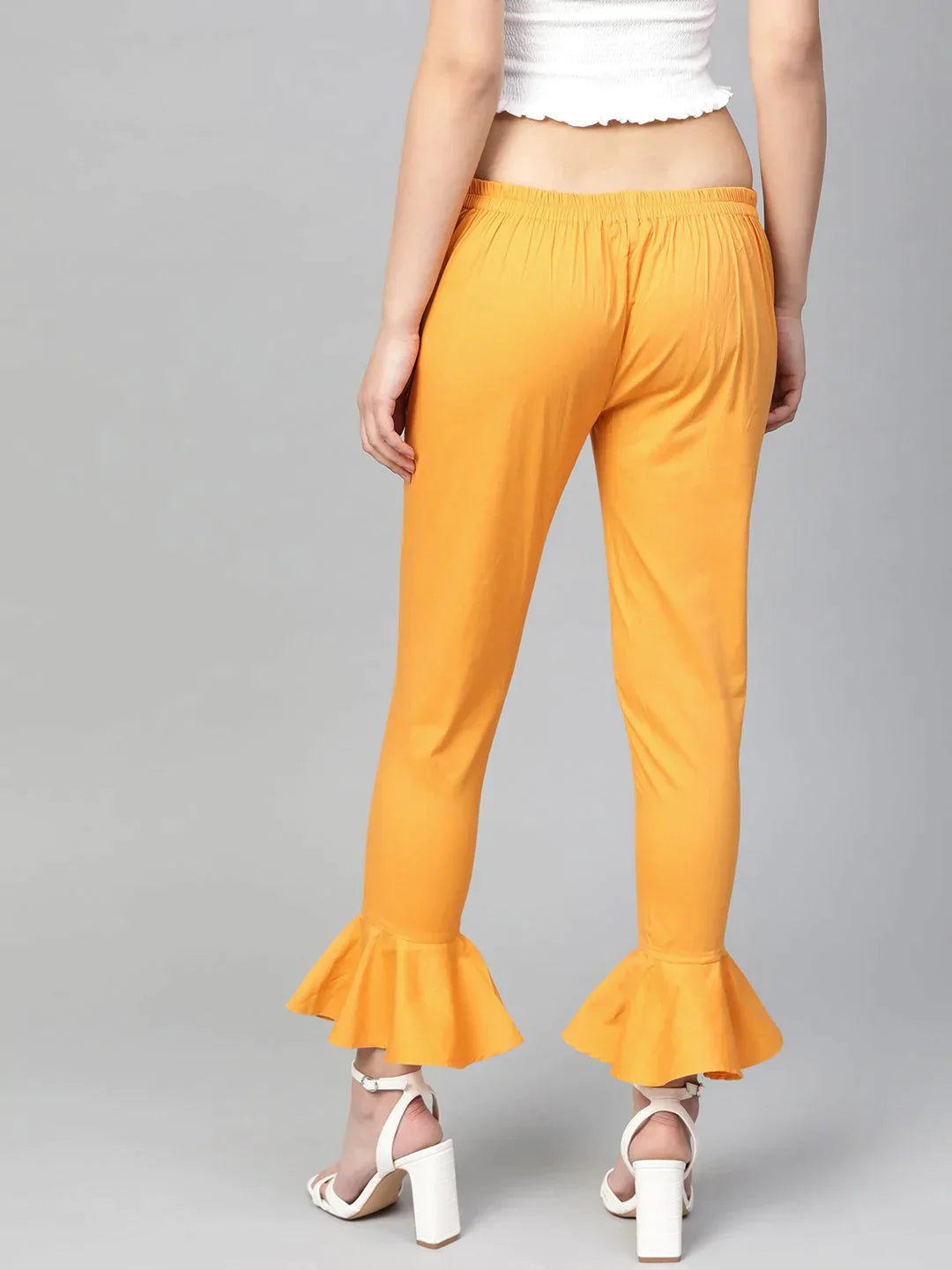 Women Mustard Smart Fit Solid Bottom Flared Trousers - Rasiya