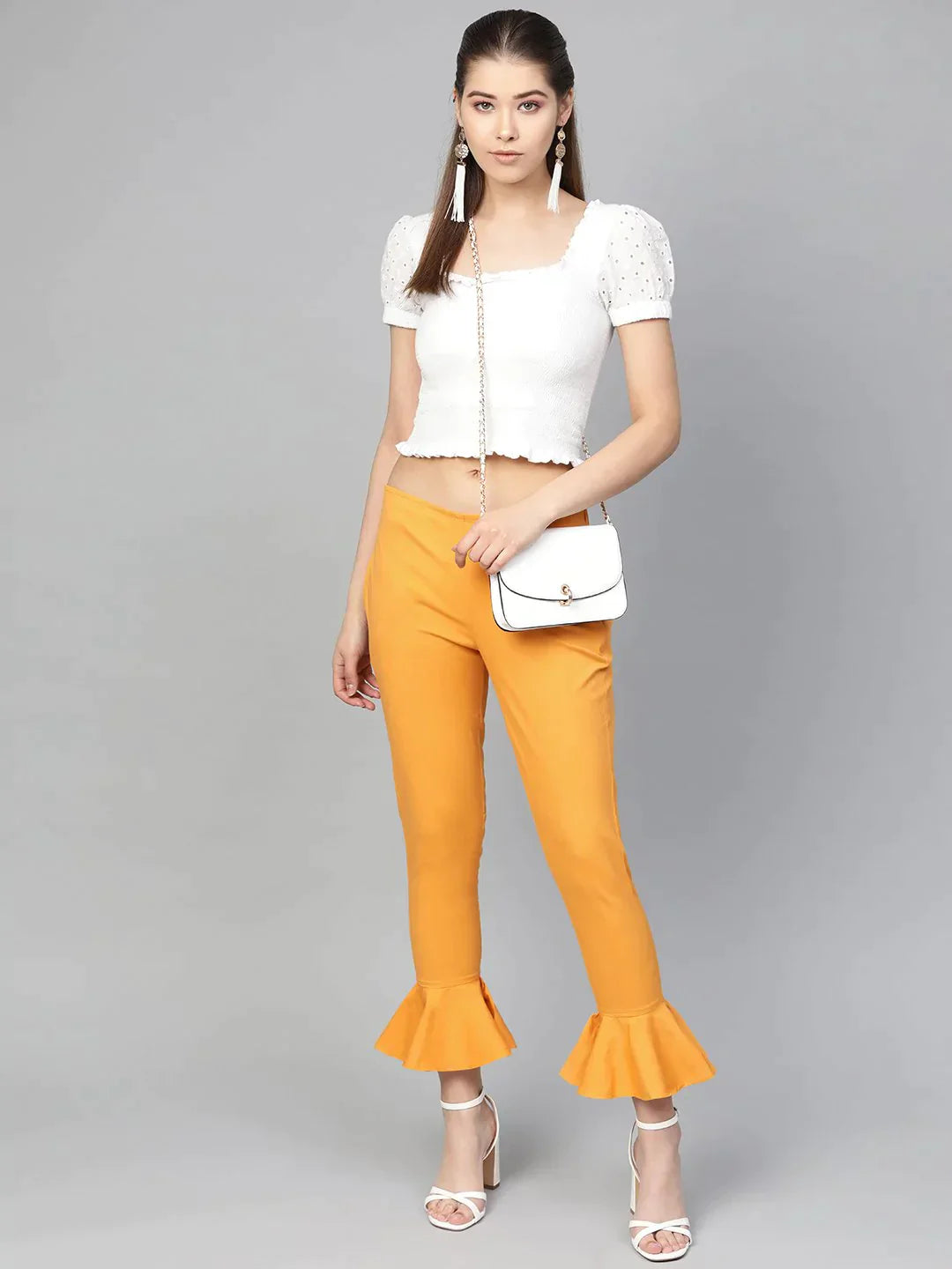 Women Mustard Smart Fit Solid Bottom Flared Trousers - Rasiya
