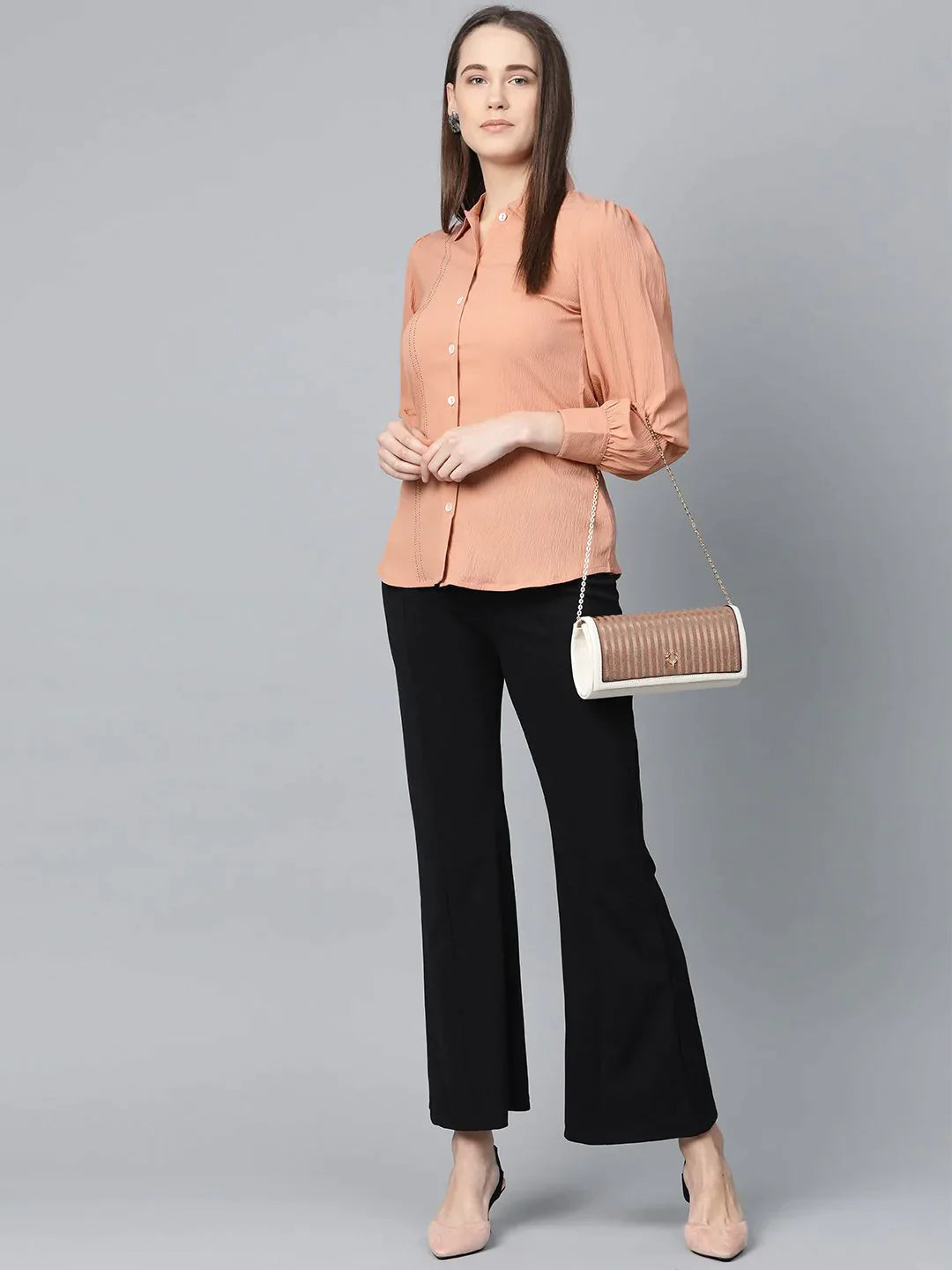 Women Peach Regular Fit Crinkled Effect Casual Shirt - Rasiya