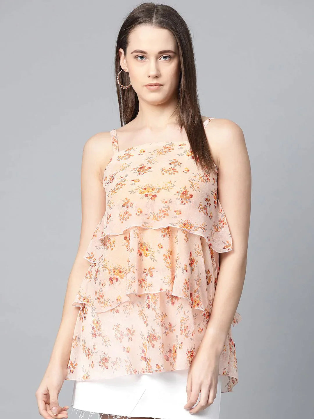 Women Peach-Coloured & Grey Printed Tiered Top - Rasiya