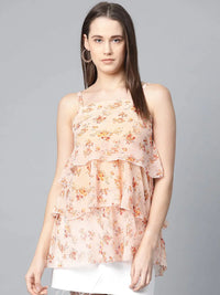 Thumbnail for Women Peach-Coloured & Grey Printed Tiered Top - Rasiya