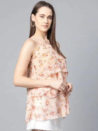 Thumbnail for Women Peach-Coloured & Grey Printed Tiered Top - Rasiya