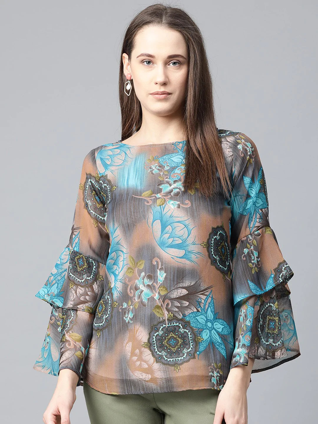 Women Grey & Blue Printed Top - Rasiya
