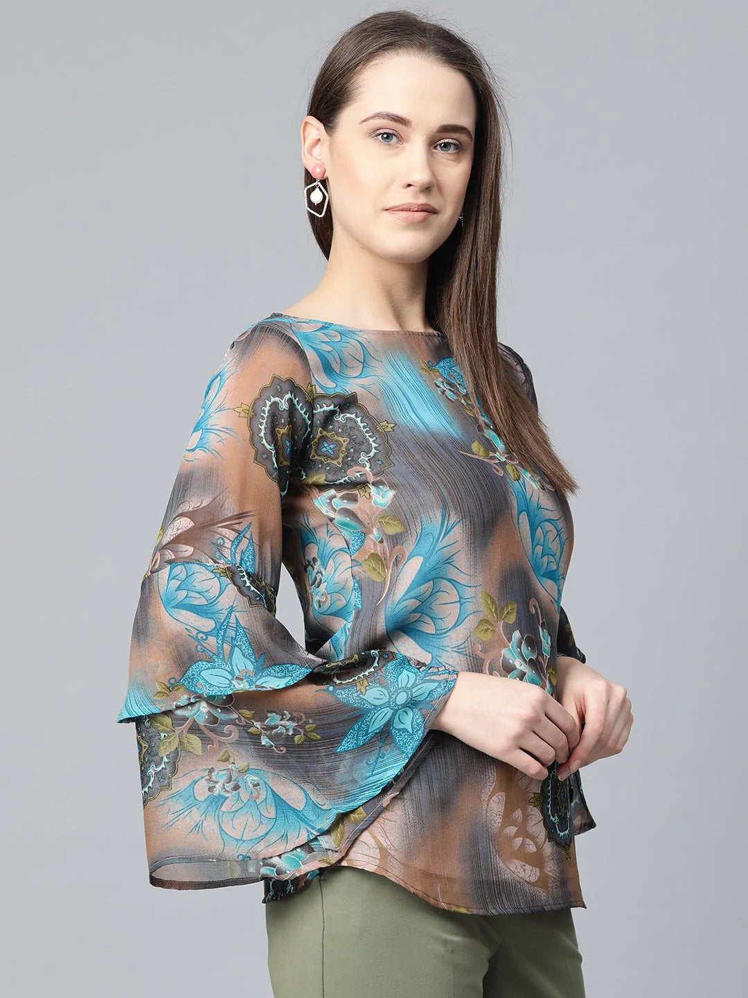 Women Grey & Blue Printed Top - Rasiya