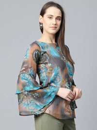 Thumbnail for Women Grey & Blue Printed Top - Rasiya