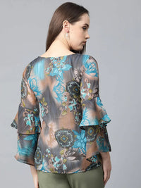Thumbnail for Women Grey & Blue Printed Top - Rasiya