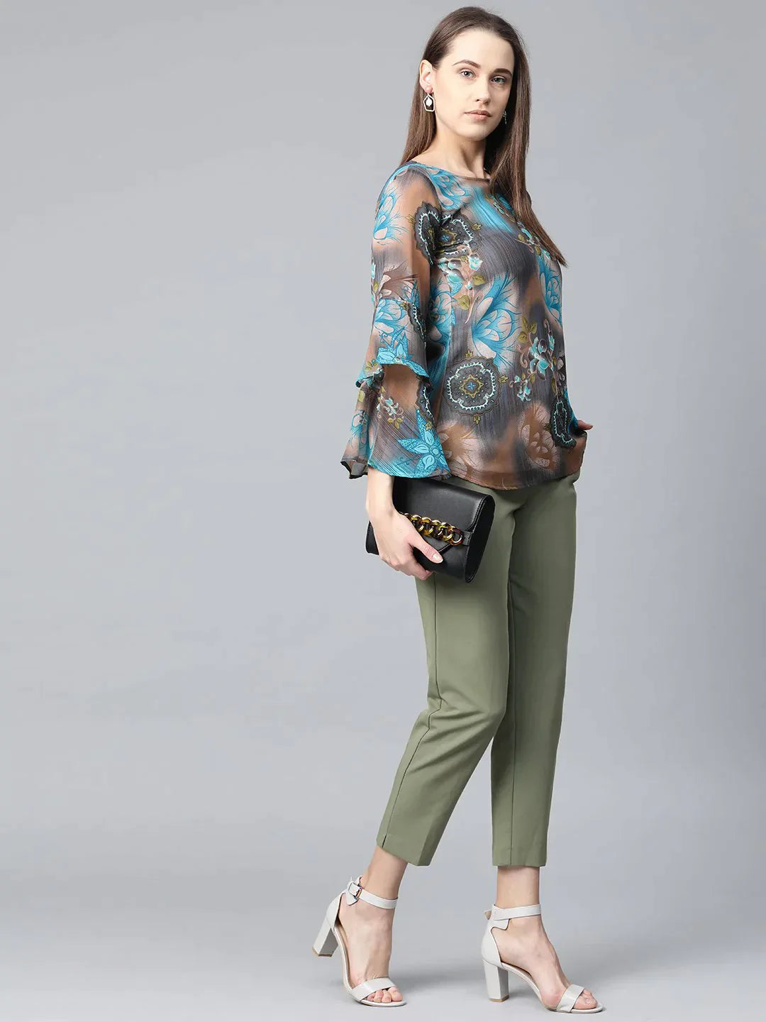 Women Grey & Blue Printed Top - Rasiya