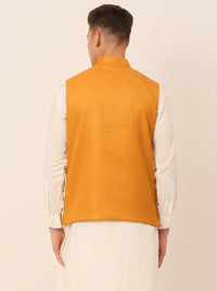 Thumbnail for Jompers Men's Mustard Solid Woven Sleeveless Nehru Jackets - Distacart