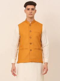 Thumbnail for Jompers Men's Mustard Solid Woven Sleeveless Nehru Jackets - Distacart