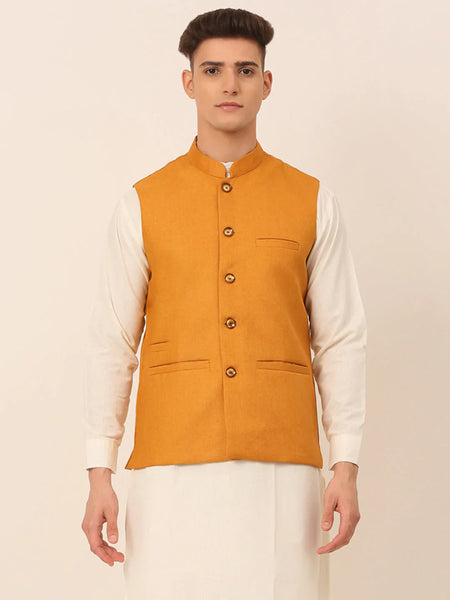 Jompers Men's Mustard Solid Woven Sleeveless Nehru Jackets - Distacart