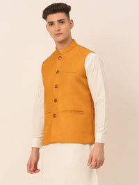 Thumbnail for Jompers Men's Mustard Solid Woven Sleeveless Nehru Jackets - Distacart