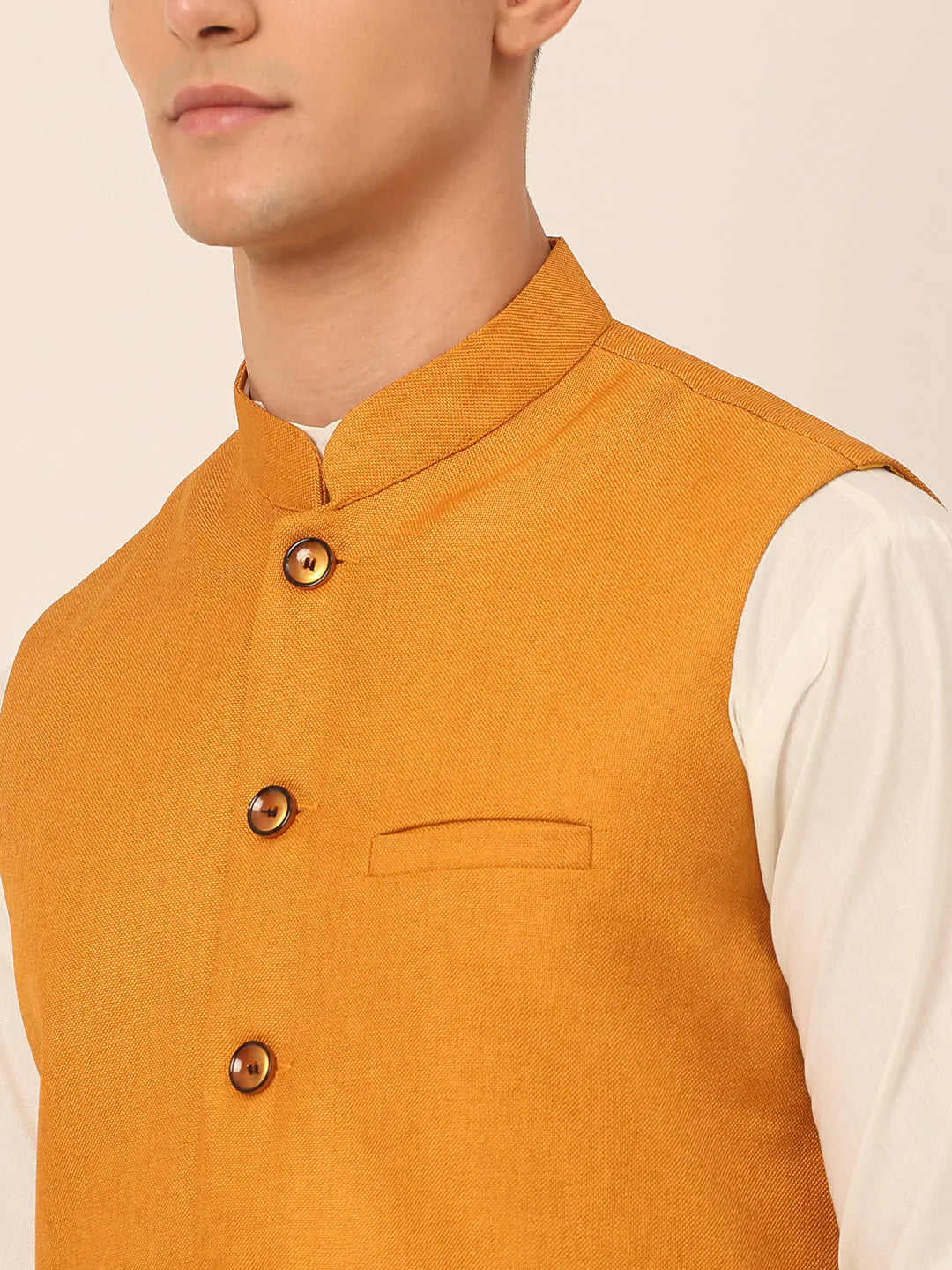 Jompers Men's Mustard Solid Woven Sleeveless Nehru Jackets - Distacart