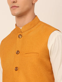 Thumbnail for Jompers Men's Mustard Solid Woven Sleeveless Nehru Jackets - Distacart