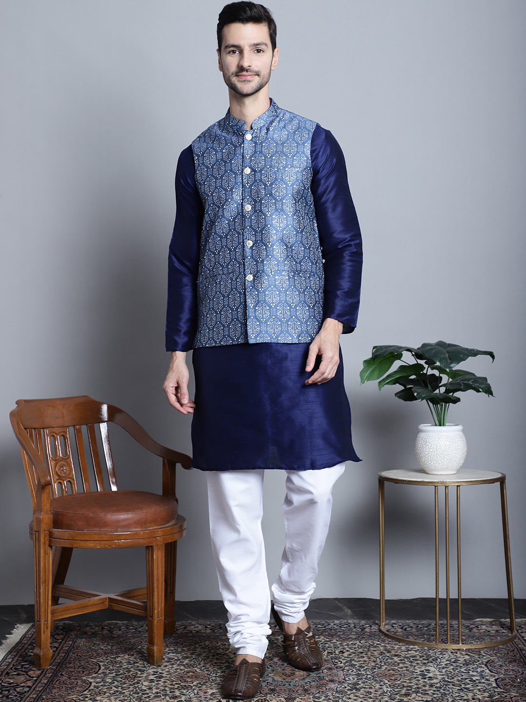Jompers Men's Printed Nehru Jacket - Blue - Distacart