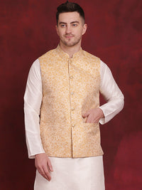 Thumbnail for Jompers Men's Golden Woven Design Nehru Jacket - Golden - Distacart