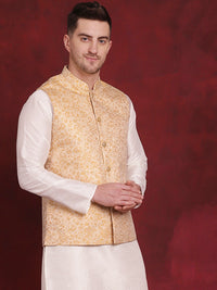 Thumbnail for Jompers Men's Golden Woven Design Nehru Jacket - Golden - Distacart