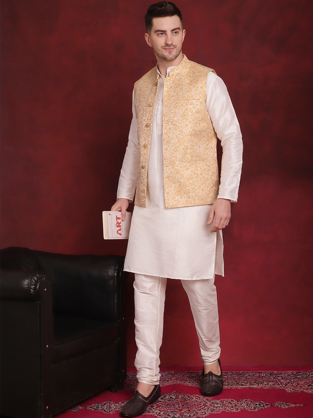 Jompers Men's Golden Woven Design Nehru Jacket - Golden - Distacart