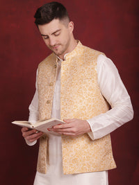 Thumbnail for Jompers Men's Golden Woven Design Nehru Jacket - Golden - Distacart