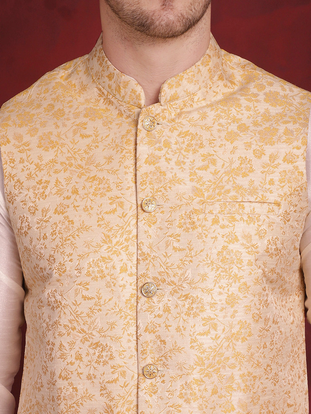 Jompers Men's Golden Woven Design Nehru Jacket - Golden - Distacart
