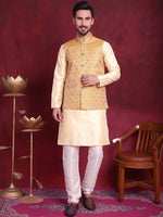 Thumbnail for Jompers Men's Woven Design Nehru Jacket - Mustard - Distacart