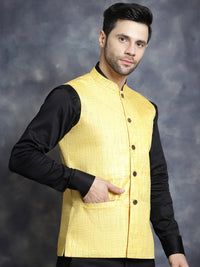 Thumbnail for Jompers Men's Woven Design Nehru Jacket - Yellow - Distacart