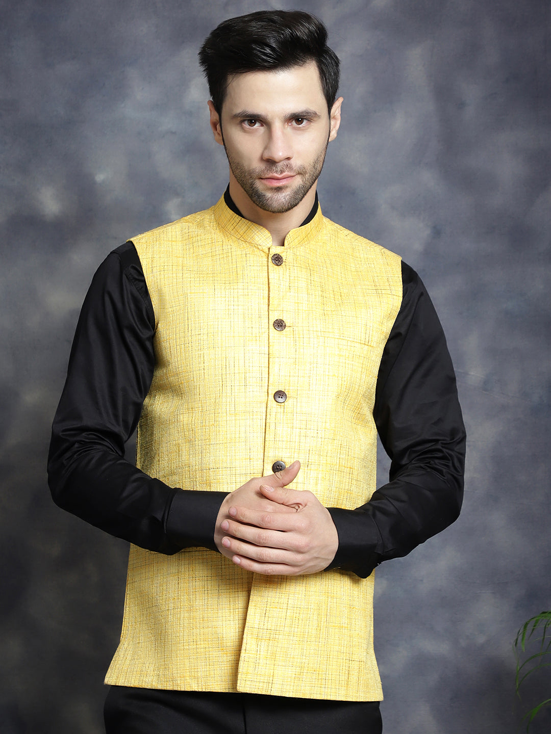 Jompers Men's Woven Design Nehru Jacket - Yellow - Distacart