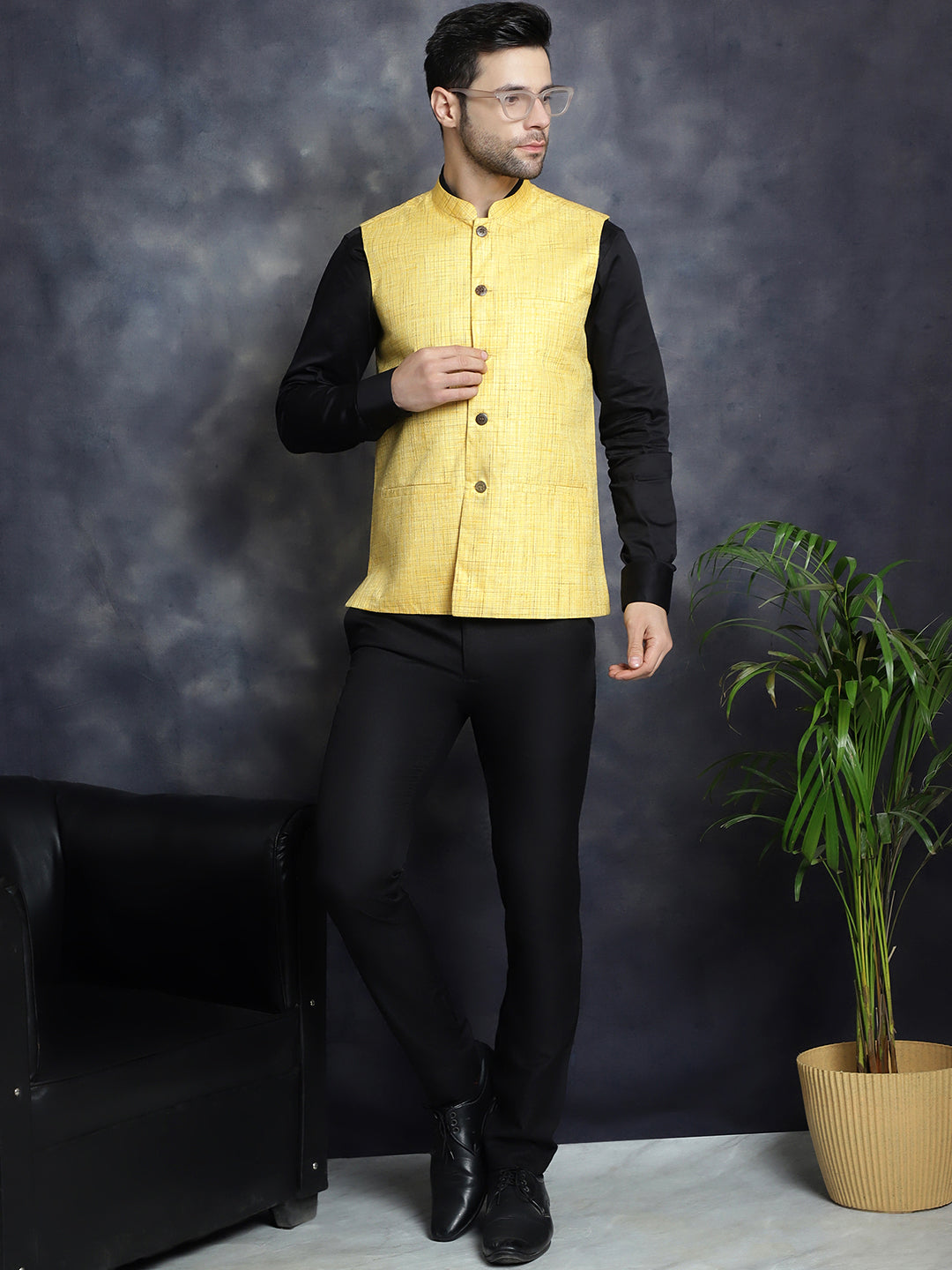 Jompers Men's Woven Design Nehru Jacket - Yellow - Distacart