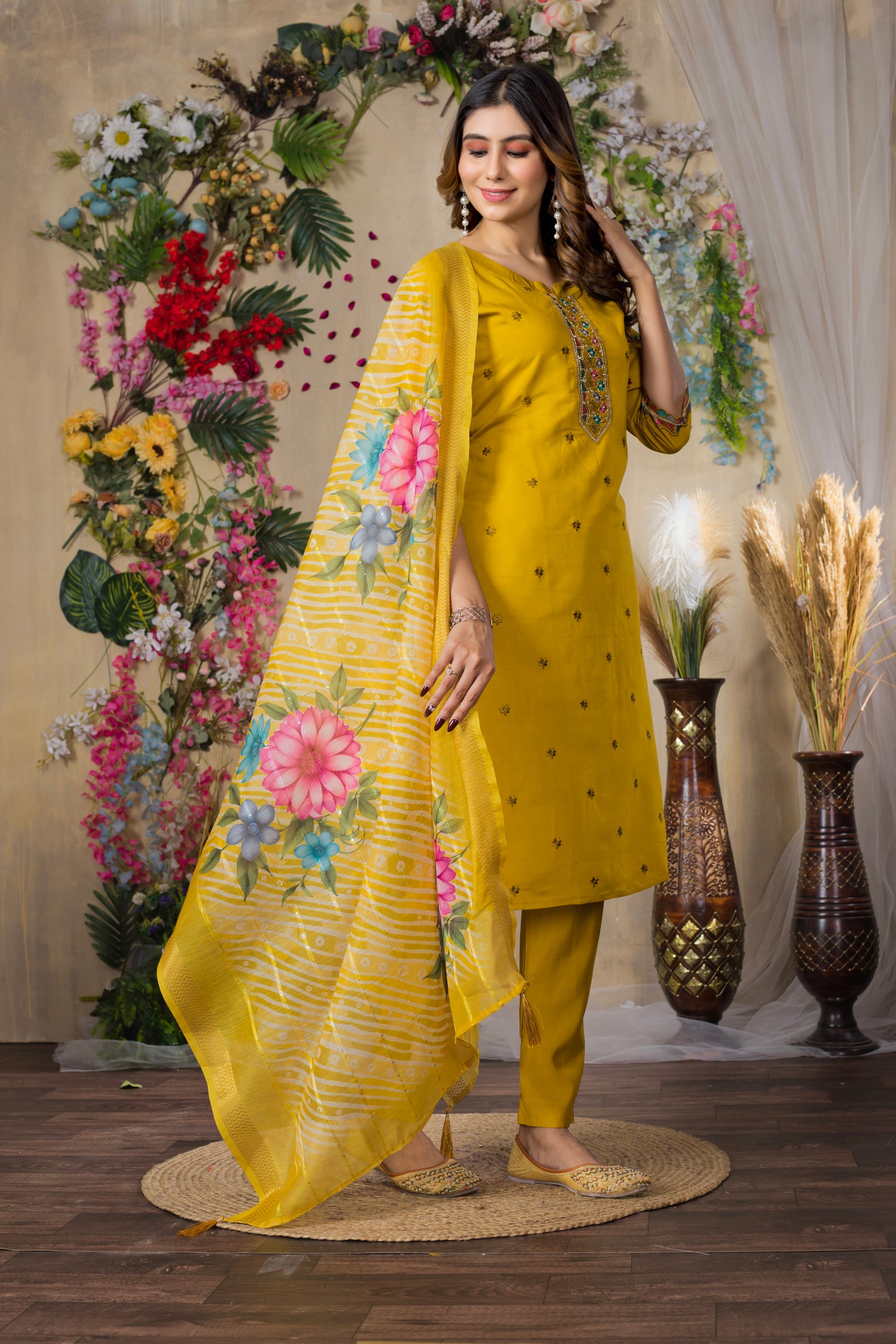 Lorenvalley Fashion Mustrad Roman Silk Multi Embroidery Thread With Hand Work Kurta Pant Dupatta