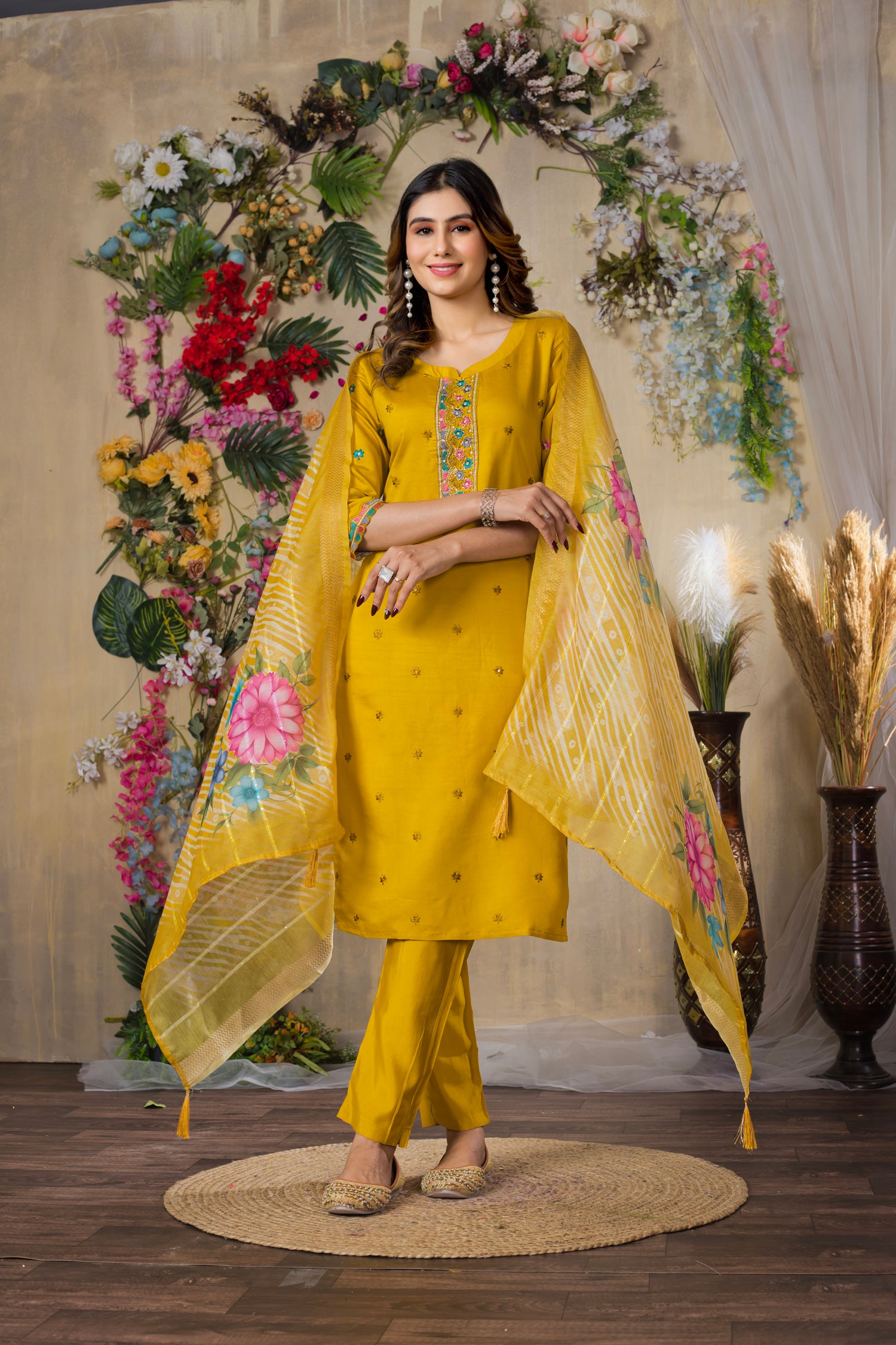 Lorenvalley Fashion Mustrad Roman Silk Multi Embroidery Thread With Hand Work Kurta Pant Dupatta