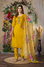 Thumbnail for Lorenvalley Fashion Mustrad Roman Silk Multi Embroidery Thread With Hand Work Kurta Pant Dupatta