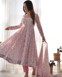 Thumbnail for Lorenvalley Fashion Women Pure Orange Chiffon Floral Print Fully Flair Anarkali Kurta Pant With Dupatta Set - Pink