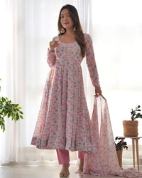 Thumbnail for Lorenvalley Fashion Women Pure Orange Chiffon Floral Print Fully Flair Anarkali Kurta Pant With Dupatta Set - Pink