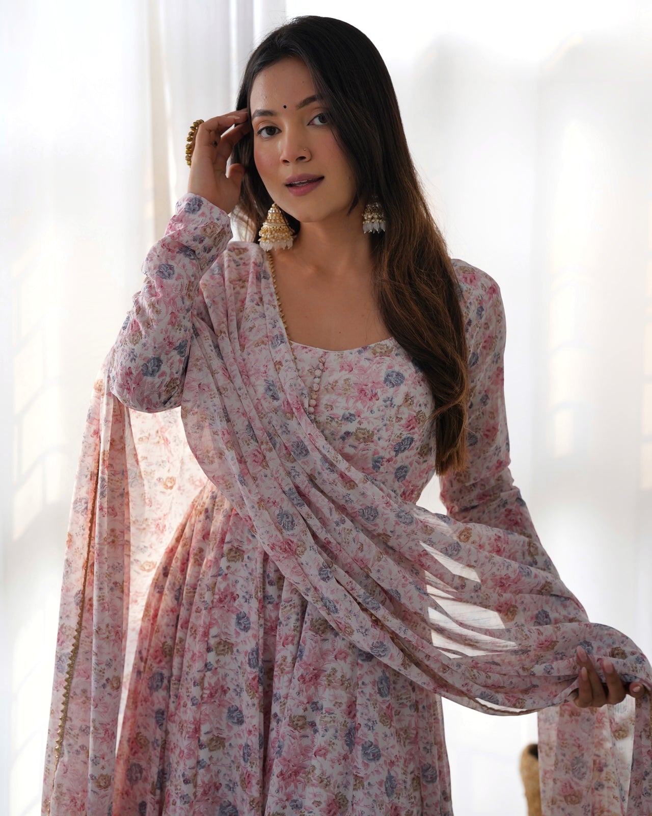 Lorenvalley Fashion Women Pure Orange Chiffon Floral Print Fully Flair Anarkali Kurta Pant With Dupatta Set - Pink