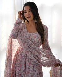 Thumbnail for Lorenvalley Fashion Women Pure Orange Chiffon Floral Print Fully Flair Anarkali Kurta Pant With Dupatta Set - Pink