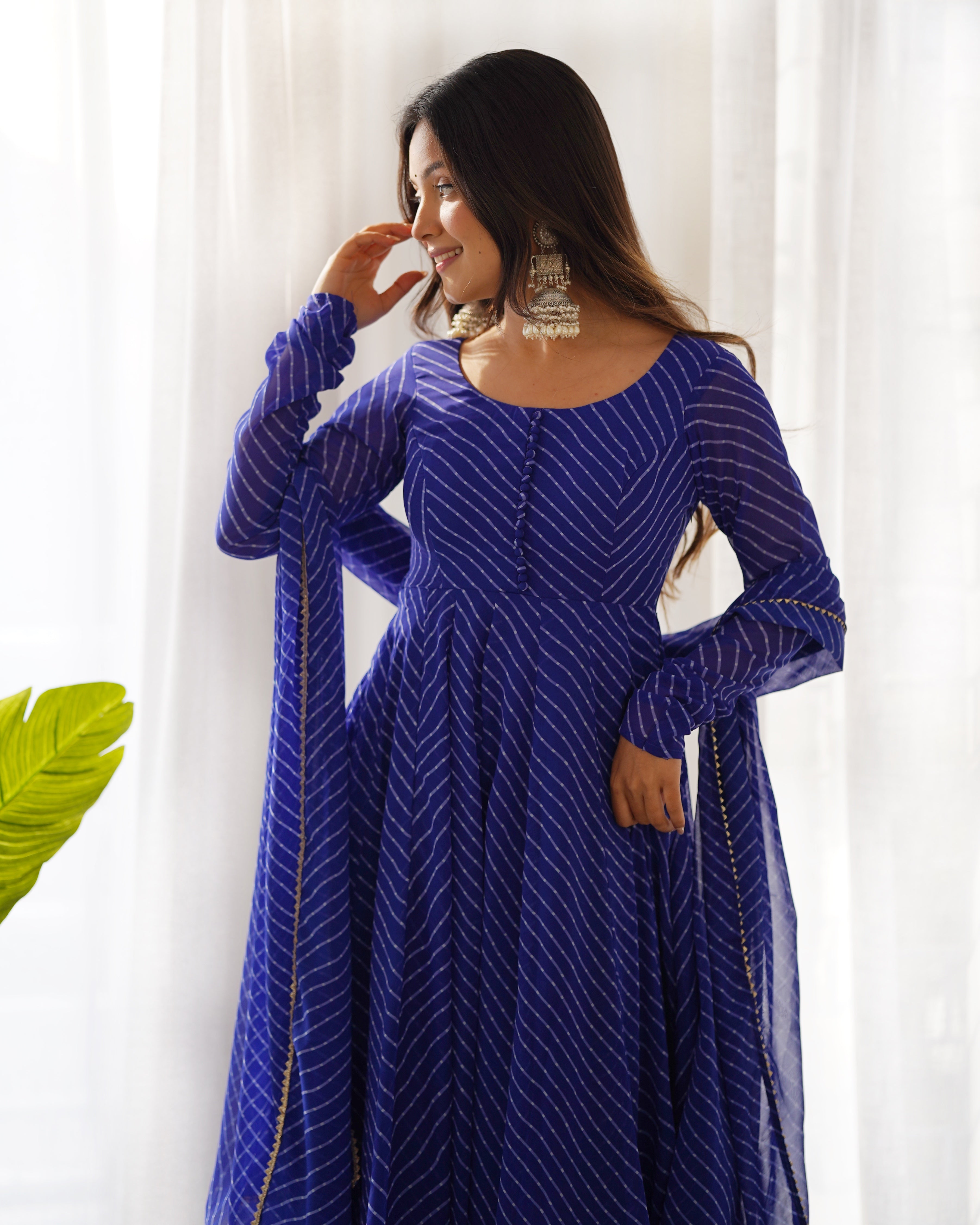 Lorenvalley Fashion Women Pure Soft Faux Georgette Laheriya Print Fully Flair Anarkali Kurta Pant With Dupatta Set - Blue - Distacart