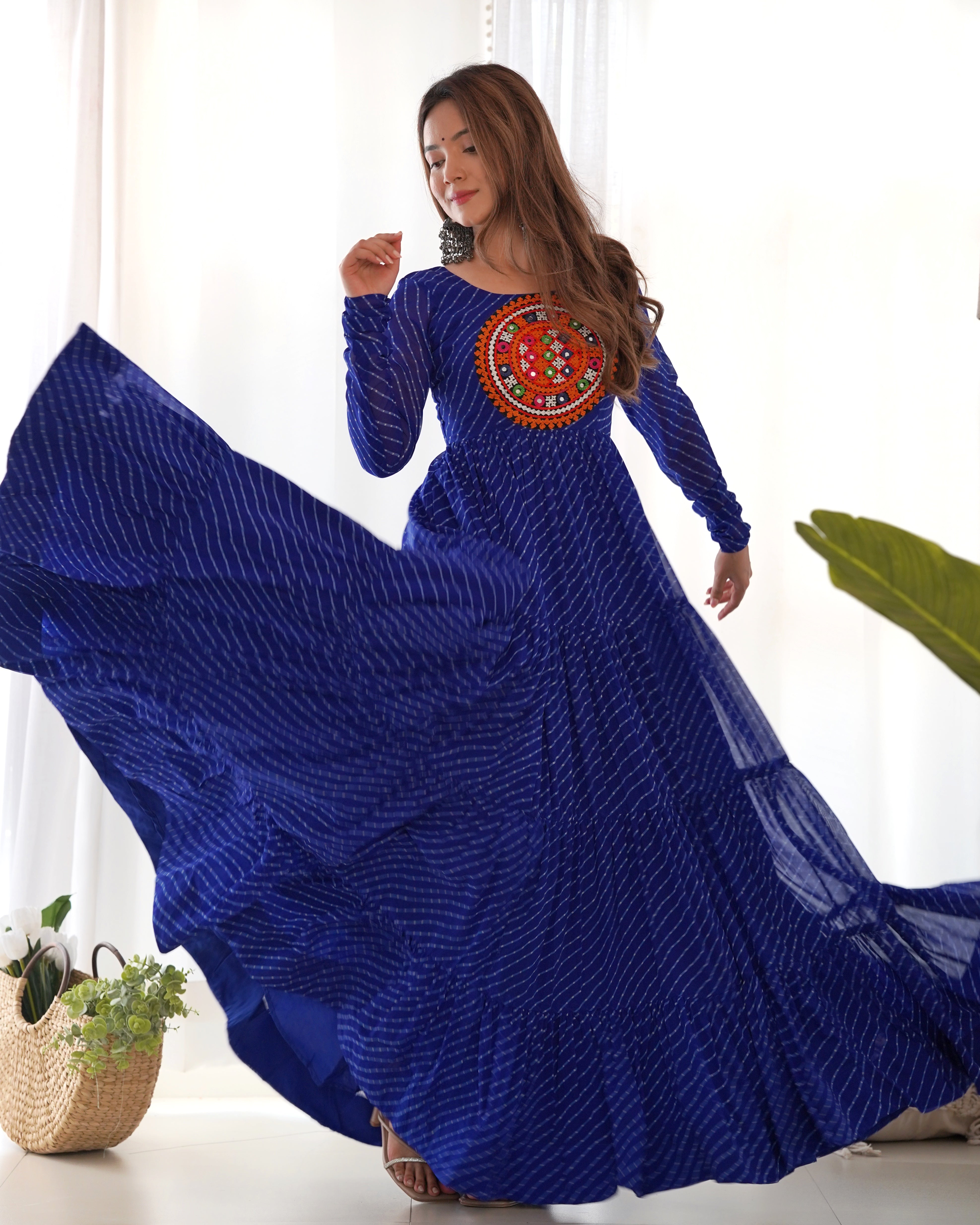 Lorenvalley Women Pure Soft Faux Georgette Leheriya Print Anarkali Gown - Blue - Distacart